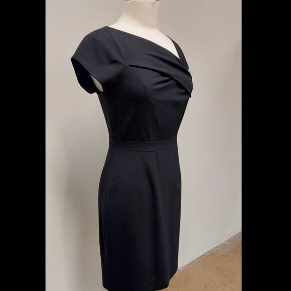 J. Crew, Black, “Origami” Dress, Fitted, Midi, Wrap-detail, Cap-sleeve, Size: 2 - Picture 2 of 10